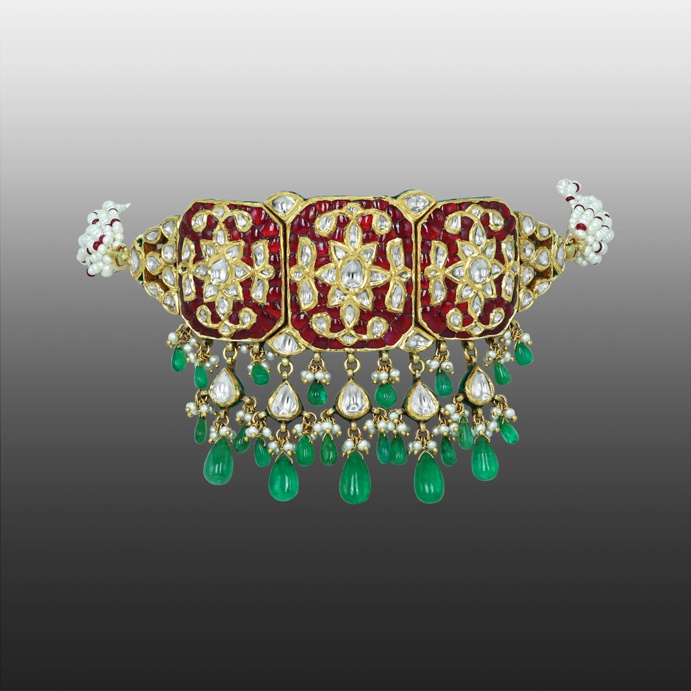 Rectangular Polki Choker with Red Talaf, Emerald, and Pearl Drops